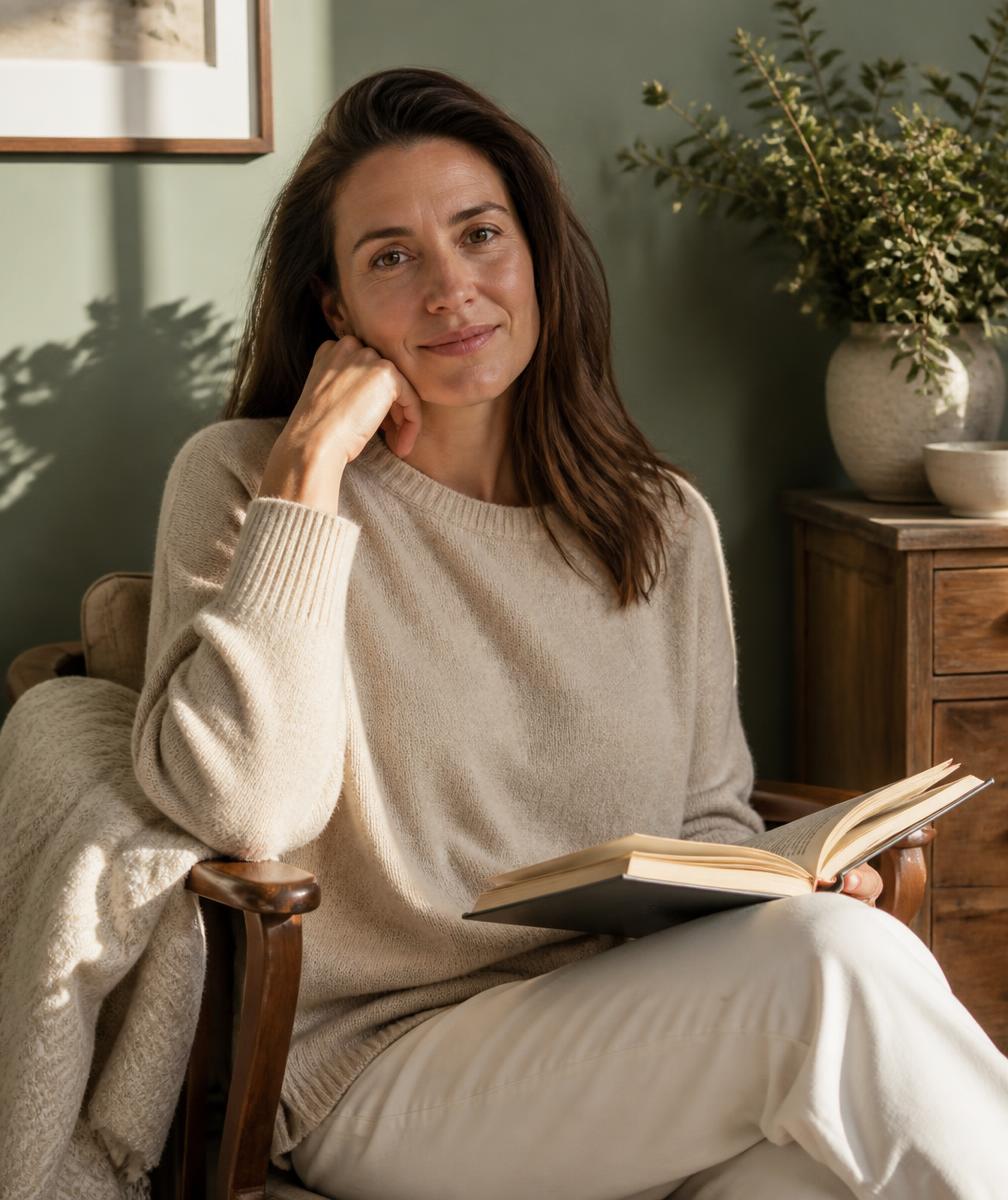 Ellen Vance sitting in a sunlit room, reading